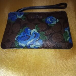 New Coach Floral Brown Wristlet with Blue Flowers